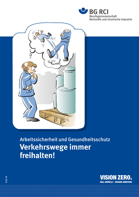 Zeichnung (Comic) einer Person vor einer Palette mit Fässern. In einer Gedanken-Wolke sind eine Pfütze und ein fallender Mensch zu sehen. Text: Verkehrswege immer freihalten!