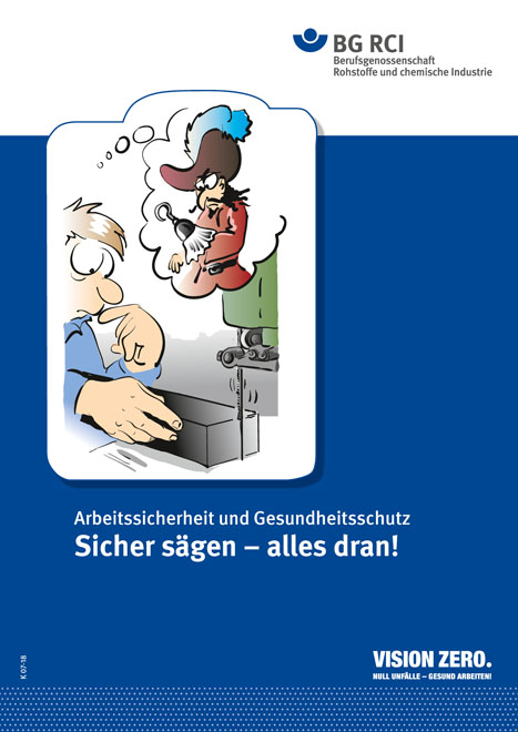 Zeichnung (Comic) einer Person vor einer Säge. In einer Gedanken-Wolke ist ein Pirat mit einem Haken statt der linken Hand. Text: Sicher sägen &#8211; alles dran