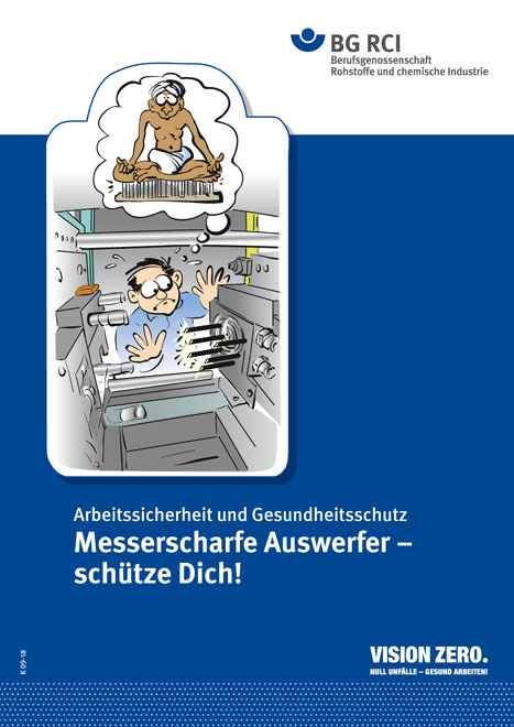 Zeichnung (Comic) einer Person vor einer Maschine. In einer Gedanken-Wolke ist ein Mensch mit Lendenschutz, der auf einem Nagelbrett sitzt. Text: Messerscharfe Auswerfer &#8211; schütze Dich!