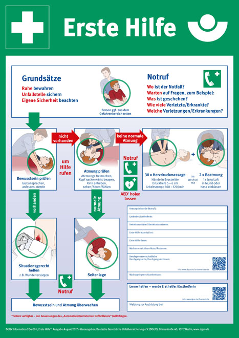 Illustrationen der einzelnen Schritte mit Erklärungen zur Ersten Hilfe