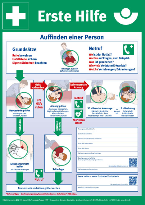 Illustrationen der einzelnen Schritte mit Erklärungen zur Ersten Hilfe