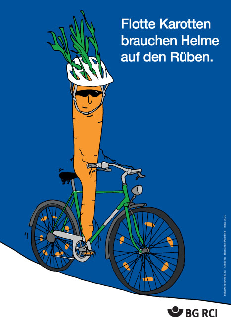 Illustration einer Karotte mit Helm auf einem Fahrrad. Text: Flotte Karotten brauchen Helme auf den Rüben.